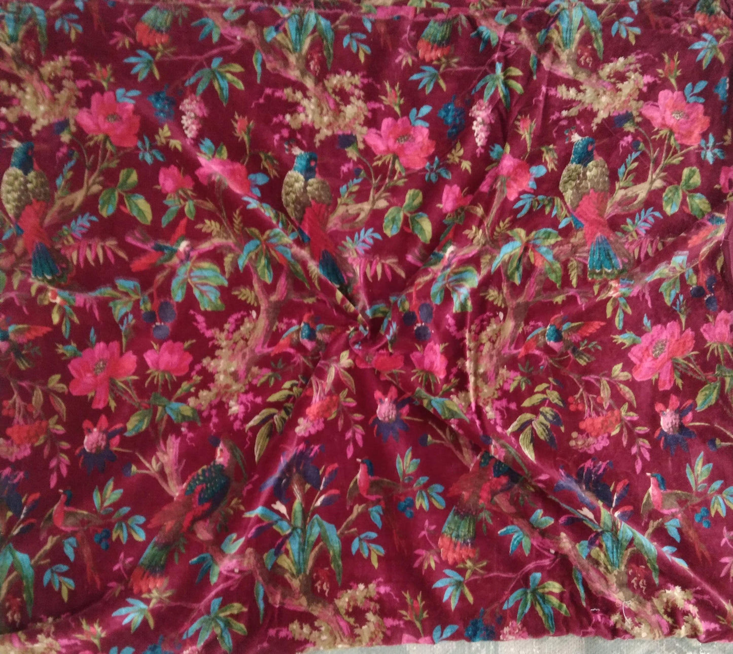 Birds of paradise Maroon cotton velvet upholstery fabric