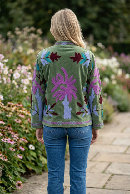 Velvet Suzani Embroidered Jacket, Floral Boho Artisan Piece Size S to M free size