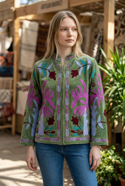 Velvet Suzani Embroidered Jacket, Floral Boho Artisan Piece Size S to M free size