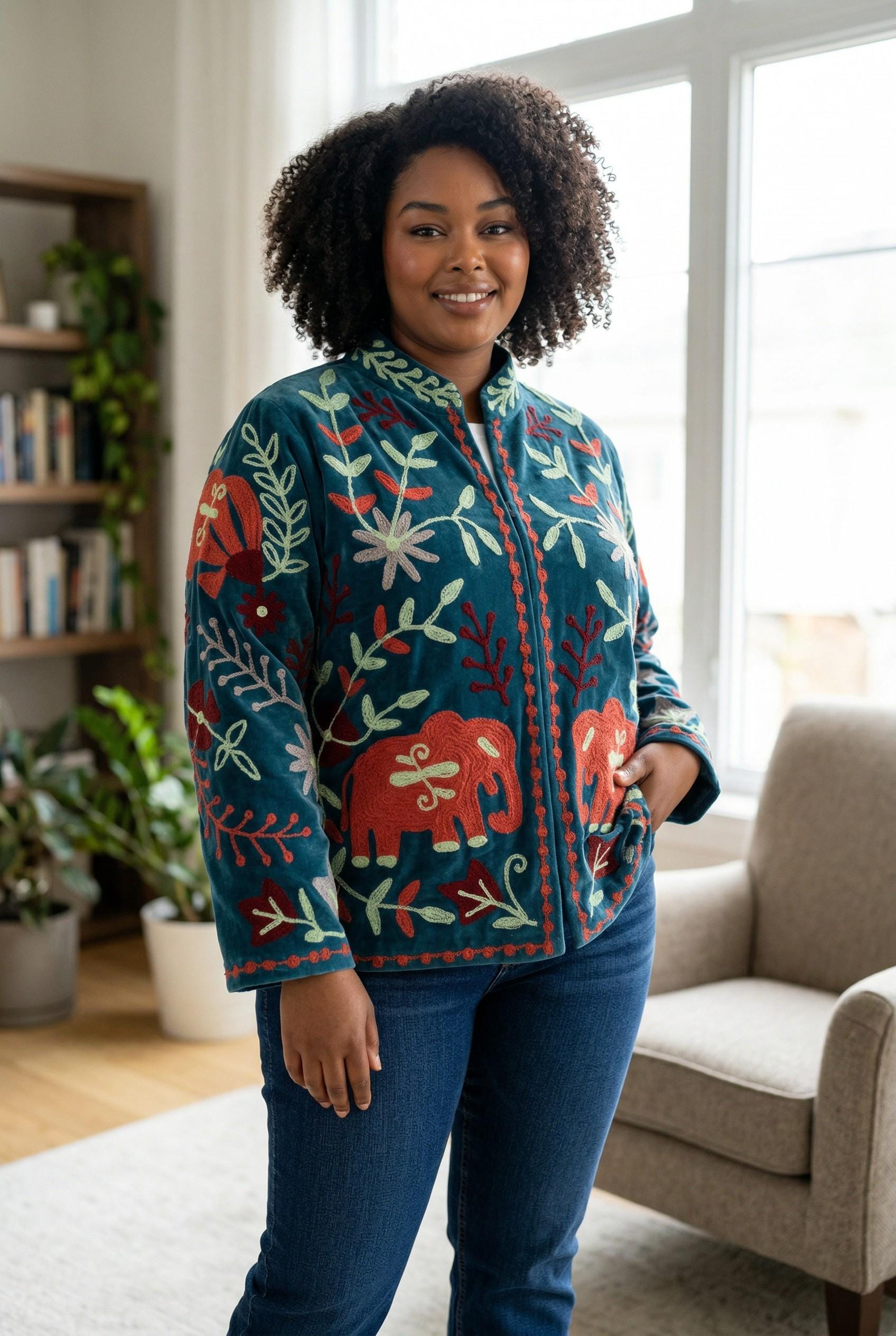 Velvet Suzani Elephant Embroidered Jacket, Boho Floral Handmade JacketSize S to M free size