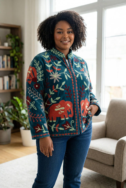 Velvet Suzani Elephant Embroidered Jacket, Boho Floral Handmade JacketSize S to M free size