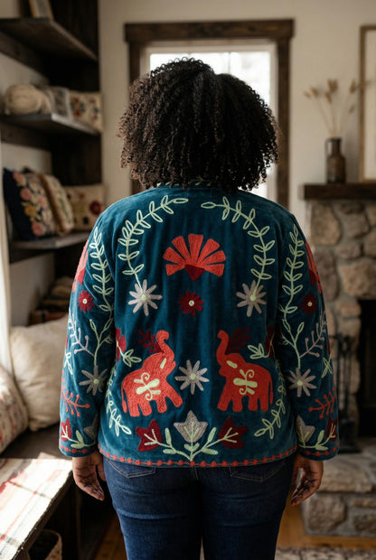 Velvet Suzani Elephant Embroidered Jacket, Boho Floral Handmade JacketSize S to M free size