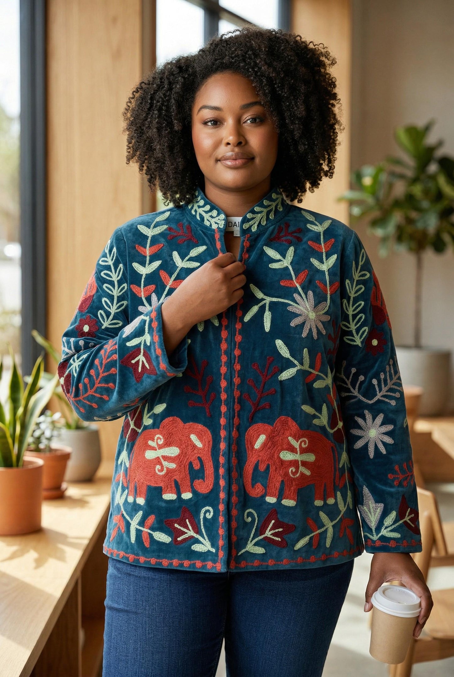 Velvet Suzani Elephant Embroidered Jacket, Boho Floral Handmade JacketSize S to M free size