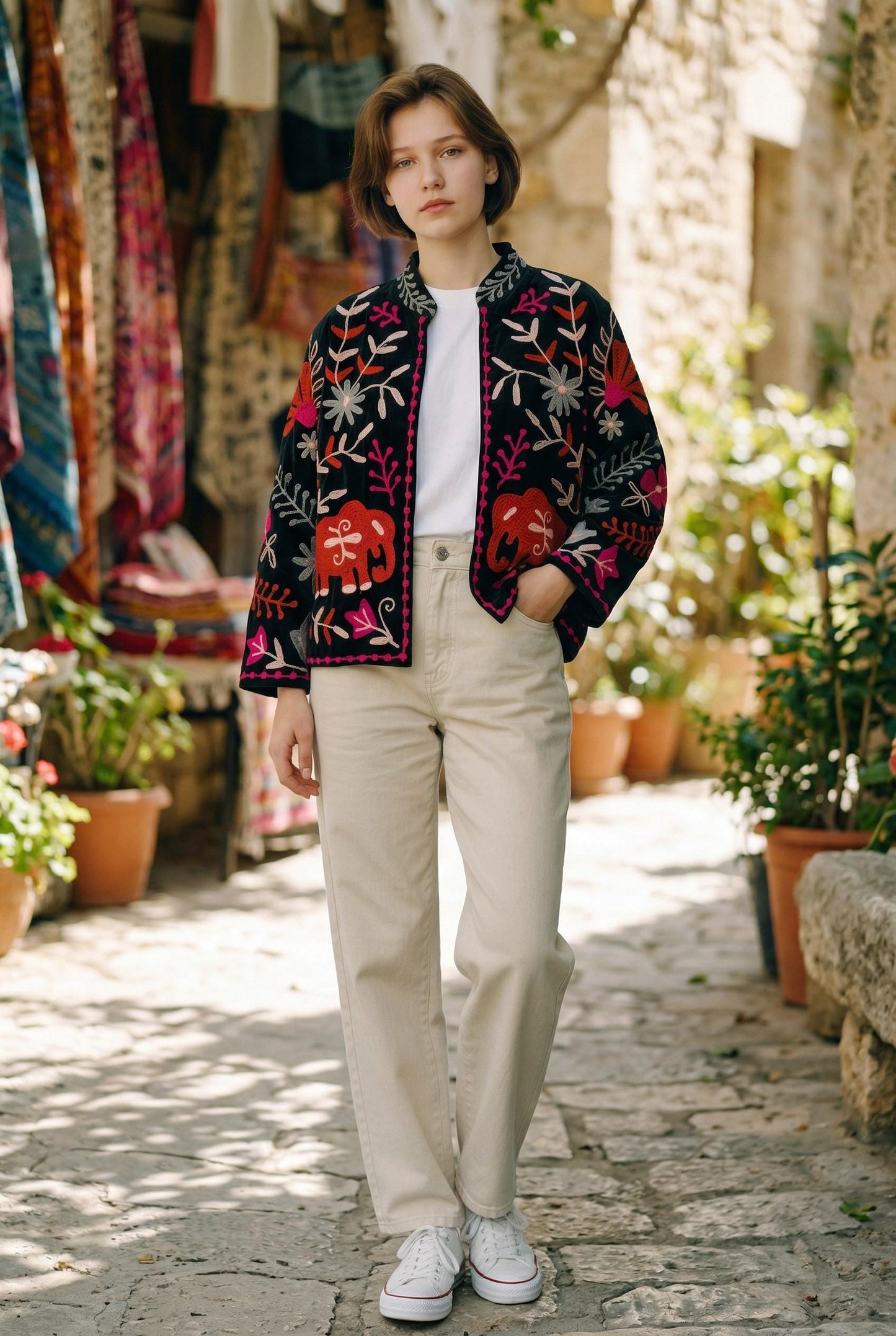 Velvet Suzani Elephant Embroidered Jacket, Boho Floral Handmade JacketSize S to M free size