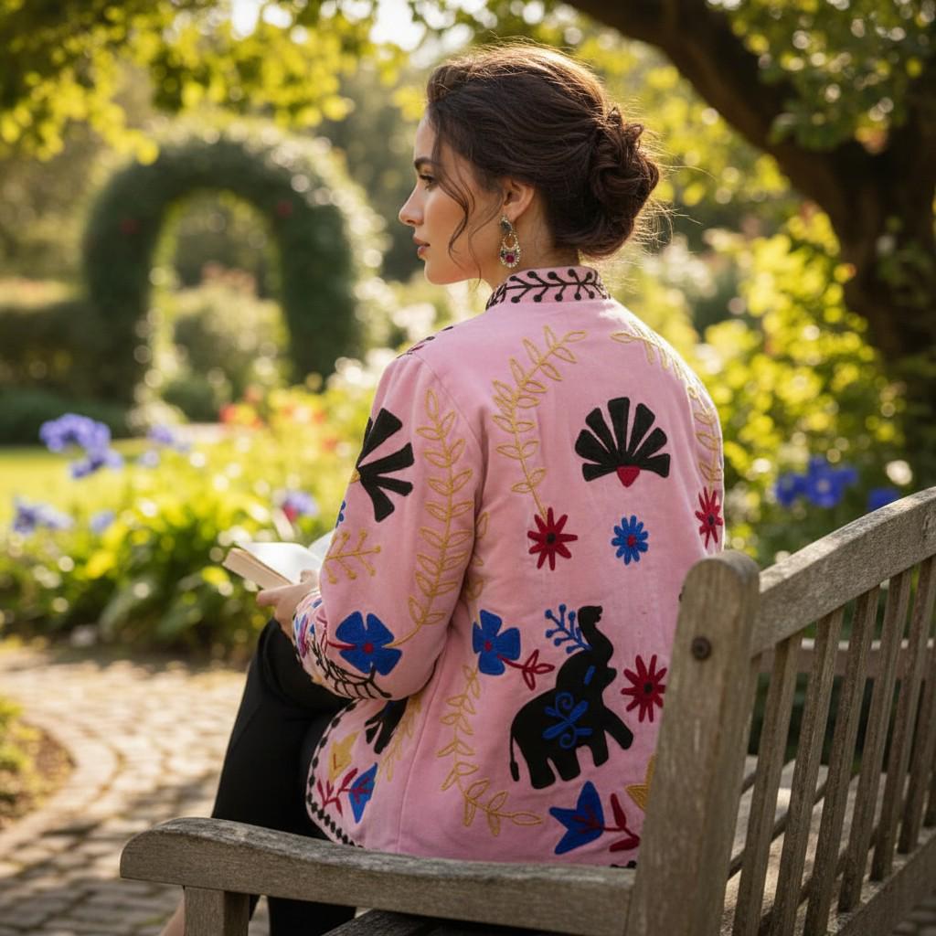Velvet Suzani Elephant Embroidered Jacket, Boho Floral Handmade JacketSize S to M free size