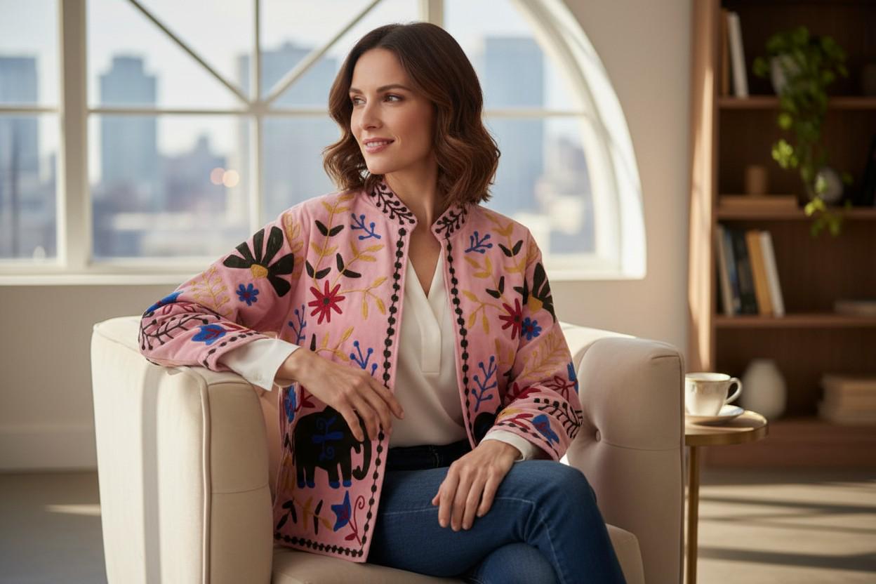 Velvet Suzani Elephant Embroidered Jacket, Boho Floral Handmade JacketSize S to M free size