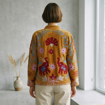 Velvet Suzani Elephant Embroidered Jacket, Boho Floral Handmade JacketSize S to M free size