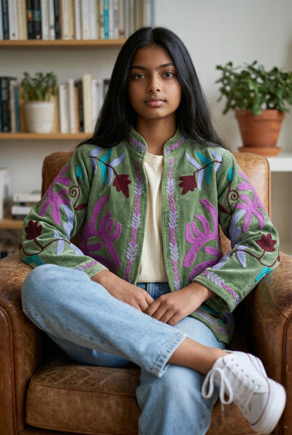 Velvet Suzani Embroidered Jacket, Floral Boho Artisan Piece Size S to M free size