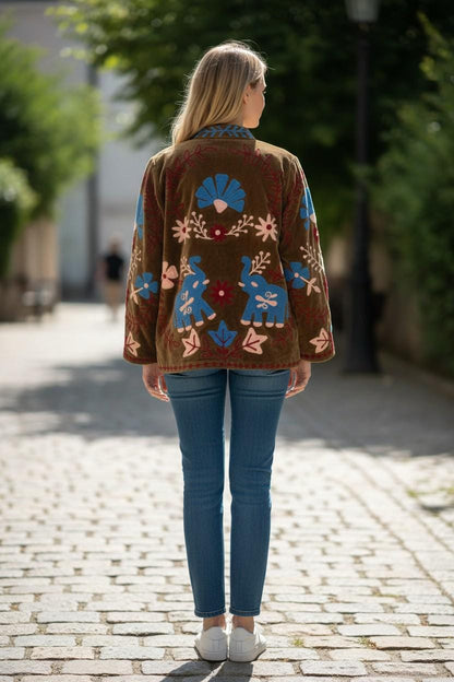 Velvet Suzani Elephant Embroidered Jacket, Boho Floral Handmade JacketSize S to M free size