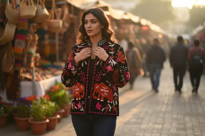 Velvet Suzani Elephant Embroidered Jacket, Boho Floral Handmade JacketSize S to M free size