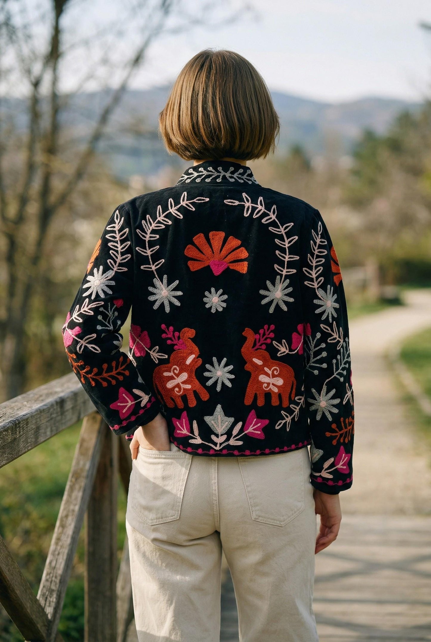 Velvet Suzani Elephant Embroidered Jacket, Boho Floral Handmade JacketSize S to M free size