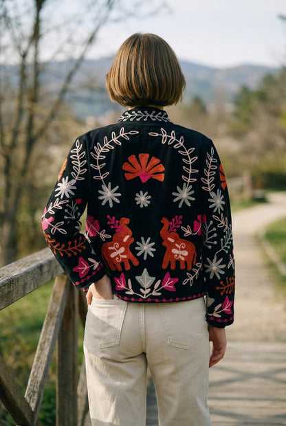 Velvet Suzani Elephant Embroidered Jacket, Boho Floral Handmade JacketSize S to M free size