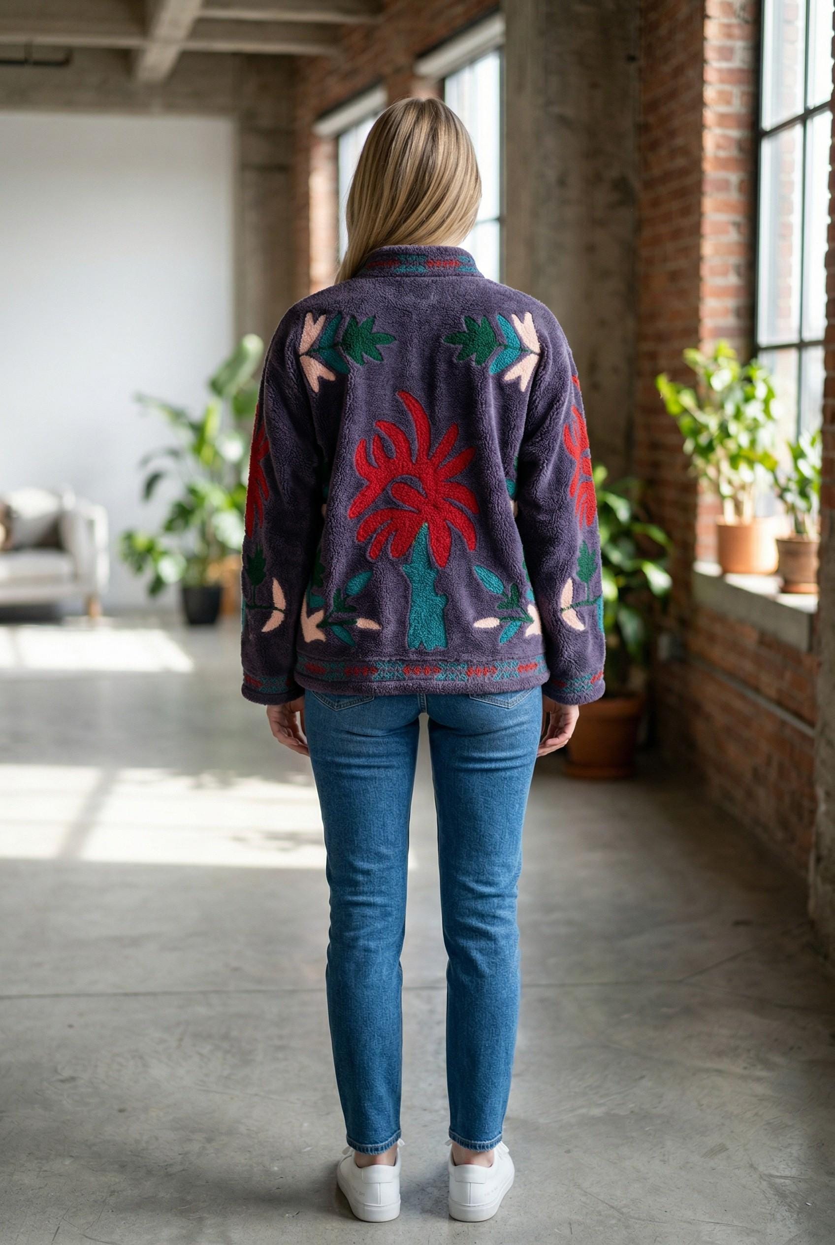 Velvet Suzani Embroidered Jacket, Floral Boho Artisan Piece Size S to M free size