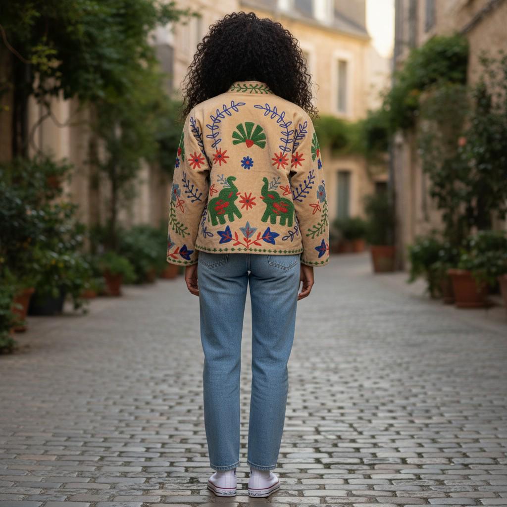 Velvet Suzani Elephant Embroidered Jacket, Boho Floral Handmade JacketSize S to M free size