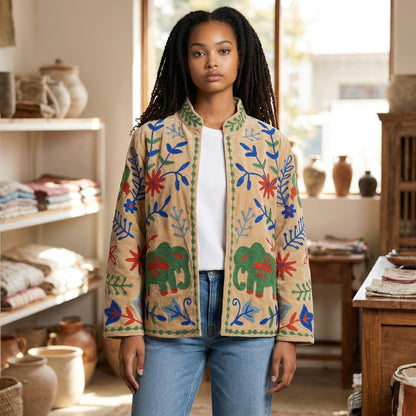 Velvet Suzani Elephant Embroidered Jacket, Boho Floral Handmade JacketSize S to M free size