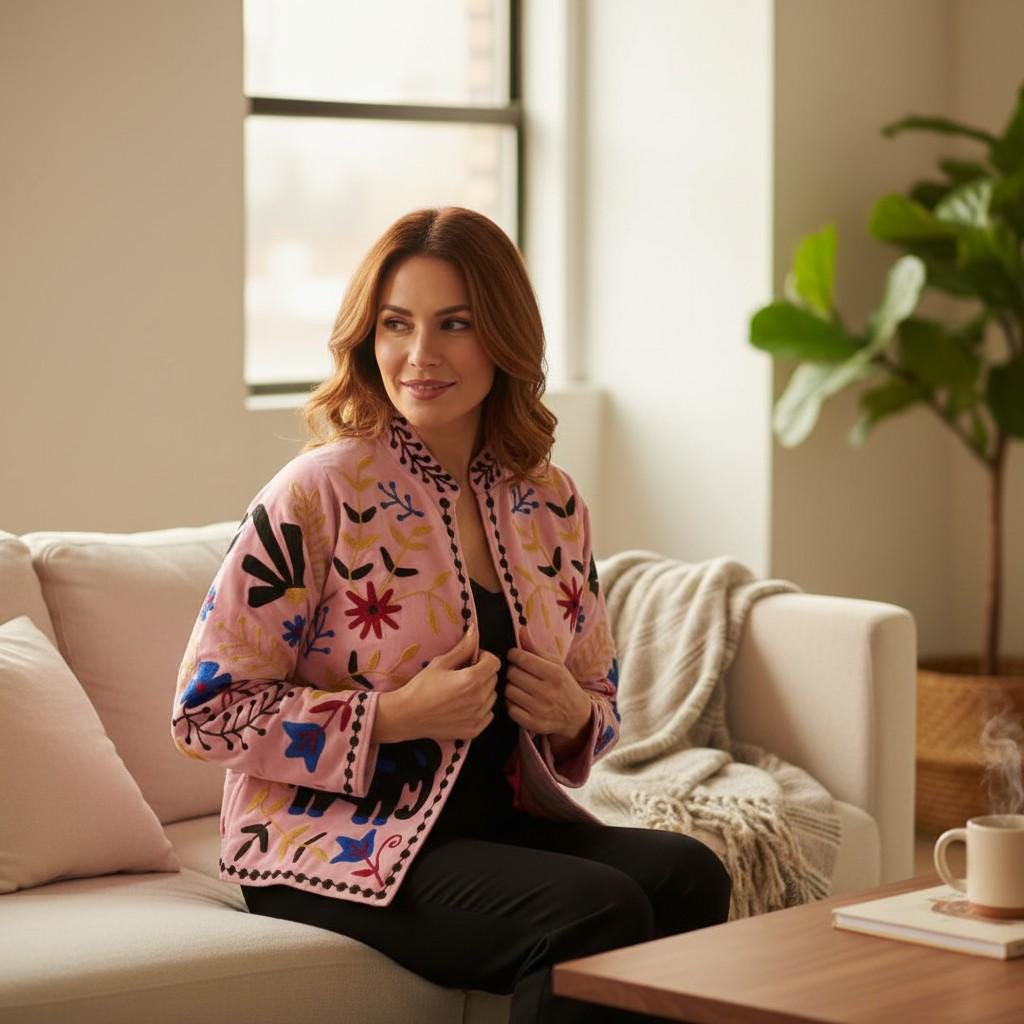 Velvet Suzani Elephant Embroidered Jacket, Boho Floral Handmade JacketSize S to M free size