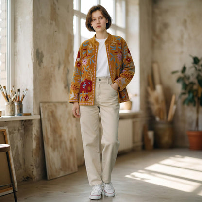 Velvet Suzani Elephant Embroidered Jacket, Boho Floral Handmade JacketSize S to M free size
