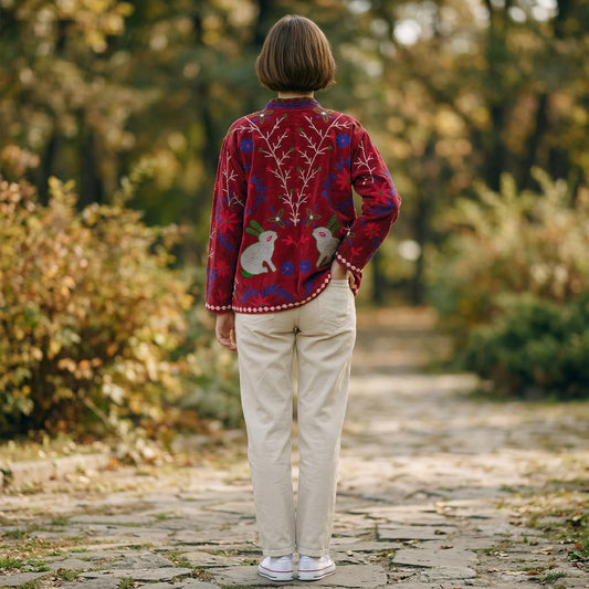 Velvet Suzani Embroidered Jacket, Boho Floral Rabbit Design, Handmade Indian Bohemian Style S & M