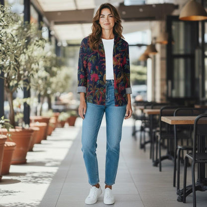 Velvet Birds of Paradise Printed Blue Jacket, Floral Handmade Jacket S & M