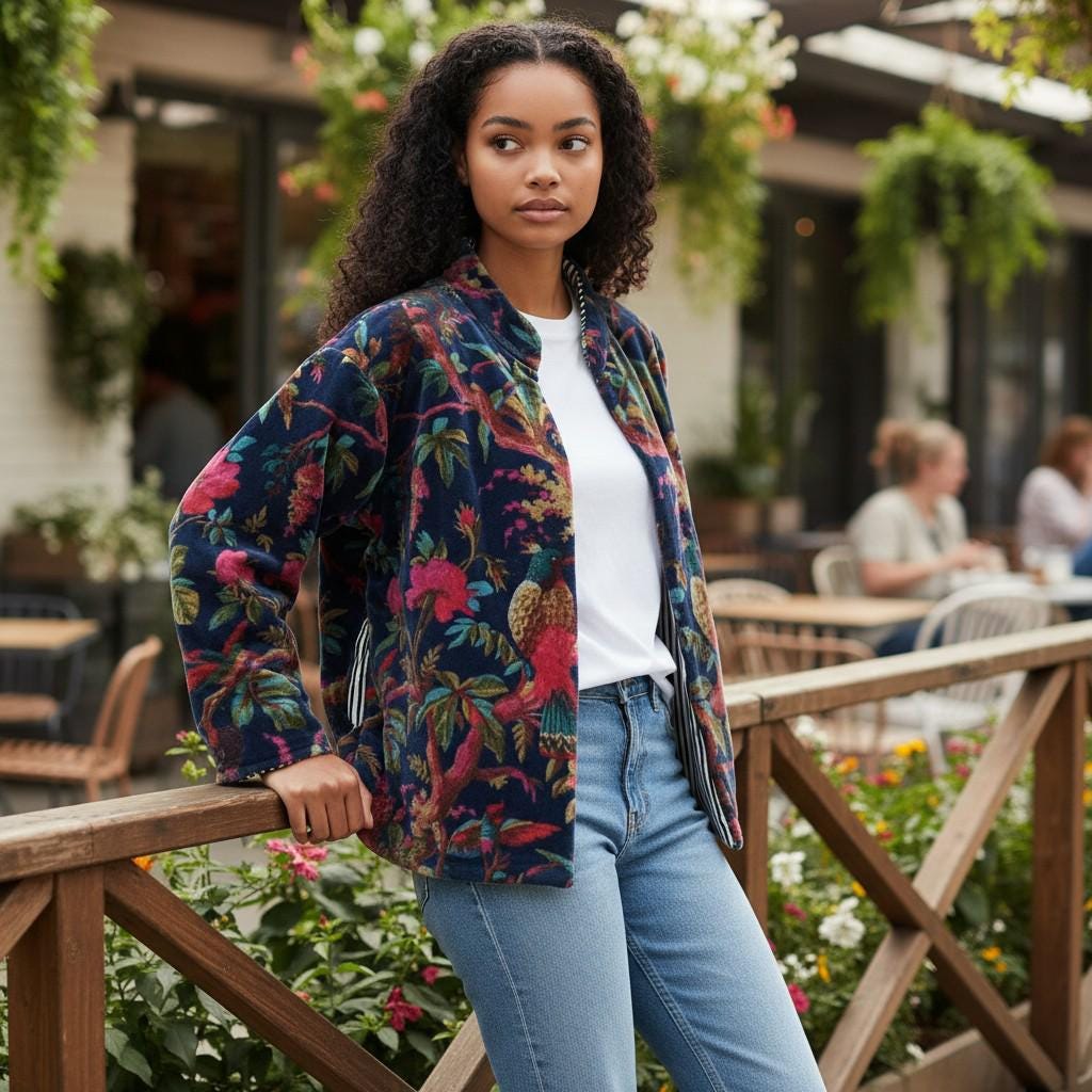 Velvet Birds of Paradise Printed Blue Jacket, Floral Handmade Jacket S & M