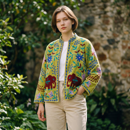 Velvet Suzani Elephant Embroidered Jacket, Boho Floral Handmade JacketSize S to M free size