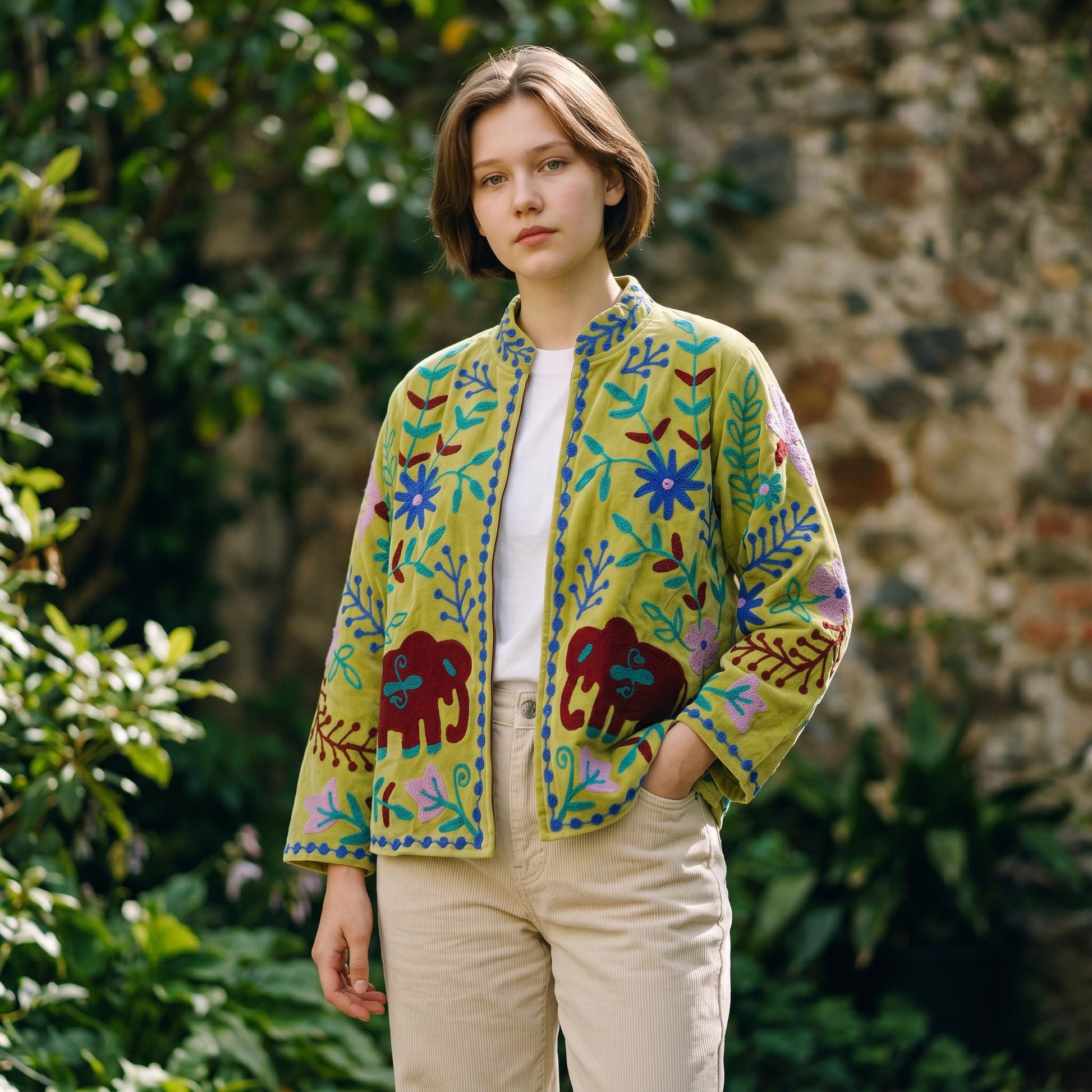 Velvet Suzani Elephant Embroidered Jacket, Boho Floral Handmade JacketSize S to M free size
