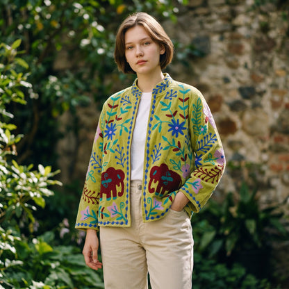 Velvet Suzani Elephant Embroidered Jacket, Boho Floral Handmade JacketSize S to M free size