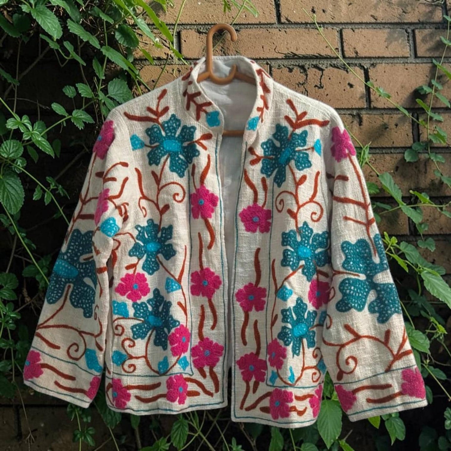 TNT cotton Suzani Big Flowers hand embroidered Jacket Free Size White