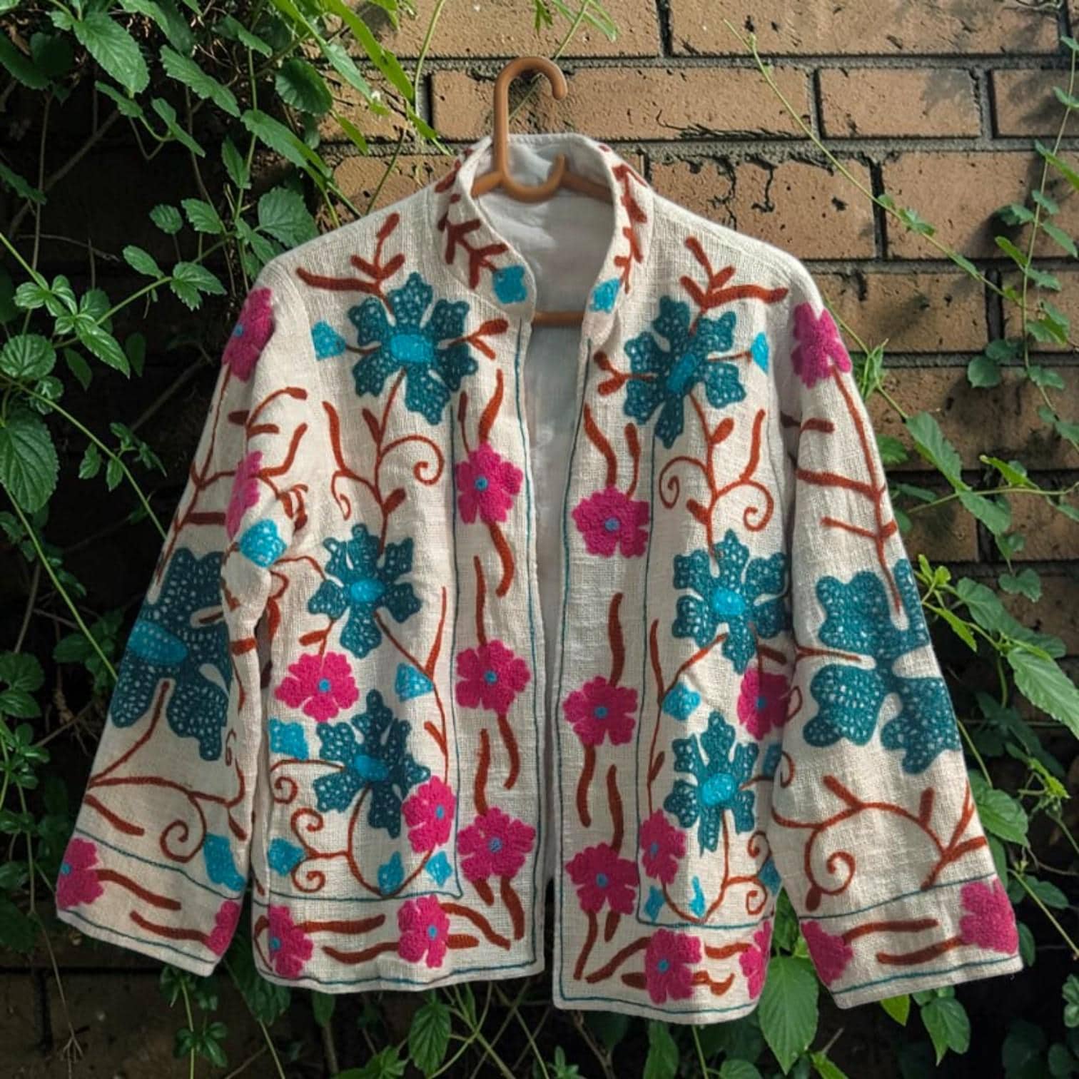 TNT cotton Suzani Big Flowers hand embroidered Jacket Free Size White