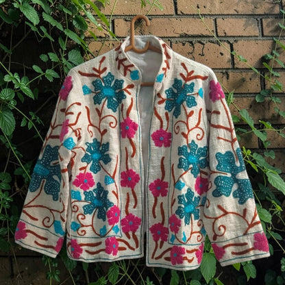 TNT cotton Suzani Big Flowers hand embroidered Jacket Free Size White