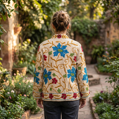 TNT cotton Suzani Big Flowers hand embroidered Jacket Free Size Beige