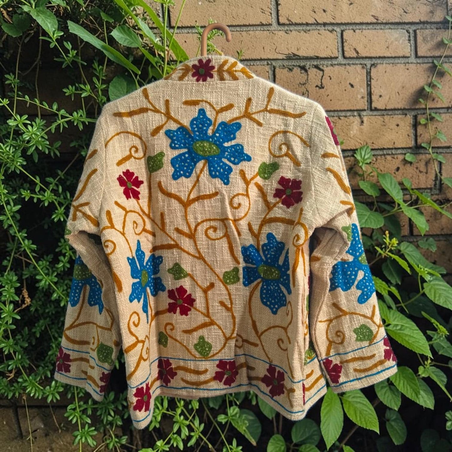 TNT cotton Suzani Big Flowers hand embroidered Jacket Free Size Beige