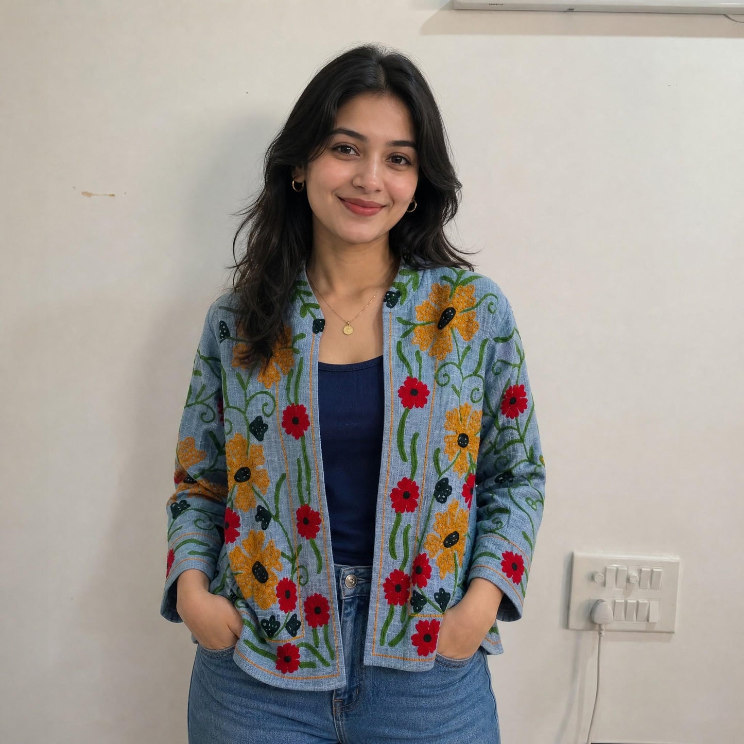 TNT cotton Suzani Big Flowers hand embroidered Jacket Free Size Blue