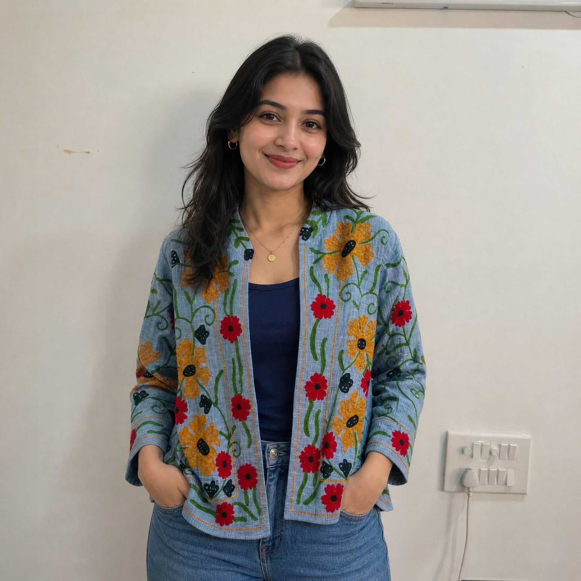 TNT cotton Suzani Big Flowers hand embroidered Jacket Free Size Blue