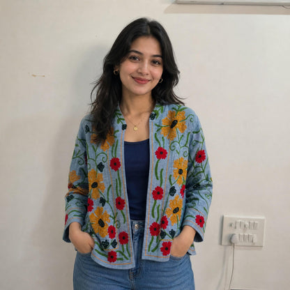 TNT cotton Suzani Big Flowers hand embroidered Jacket Free Size Blue
