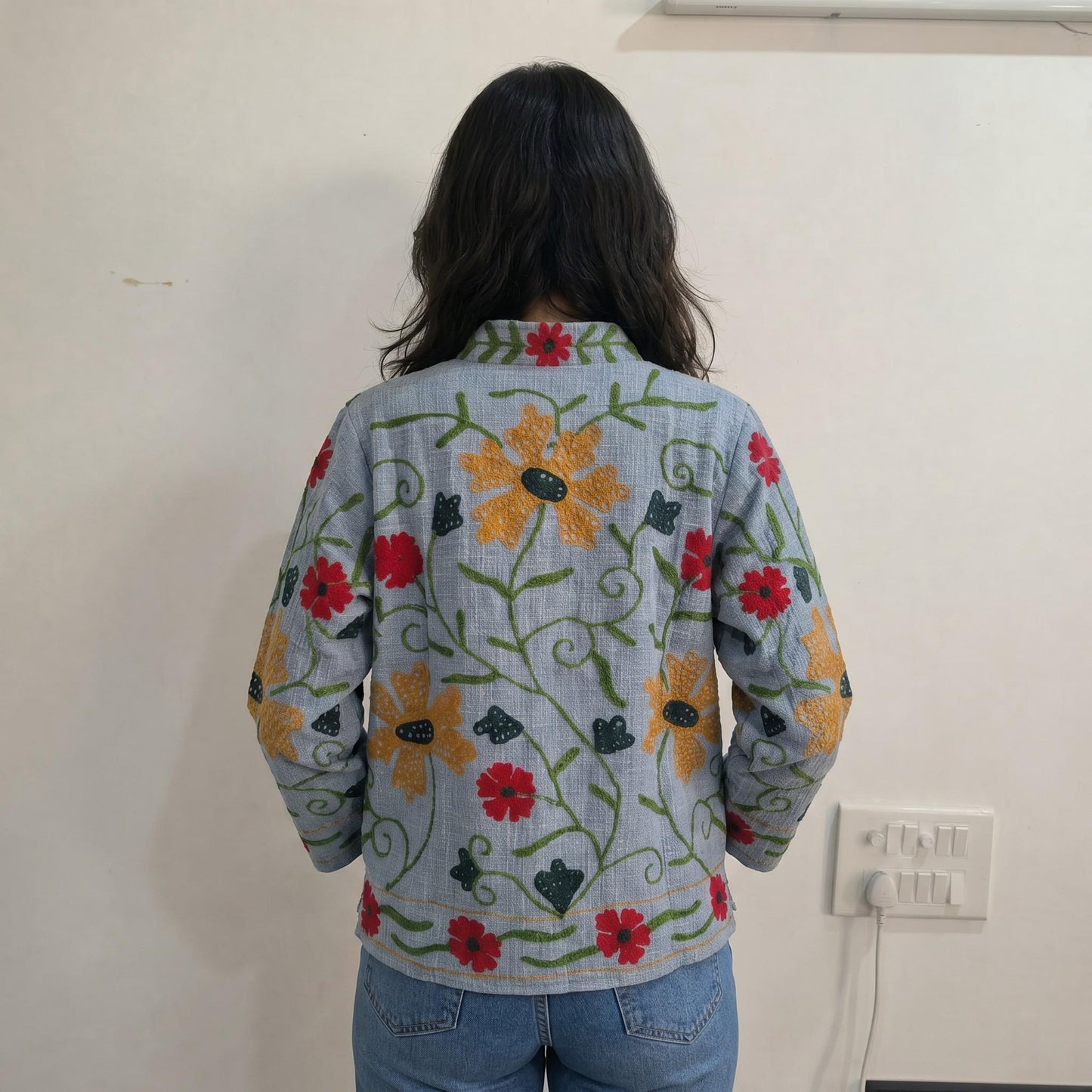 TNT cotton Suzani Big Flowers hand embroidered Jacket Free Size Blue