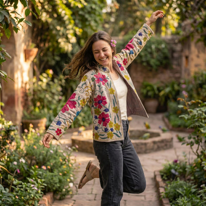 TNT cotton Suzani Big Flowers hand embroidered Jacket Free Size Light Pink