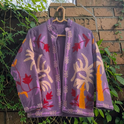 TNT cotton Suzani Leaves hand embroidered Jacket Free Size Purple