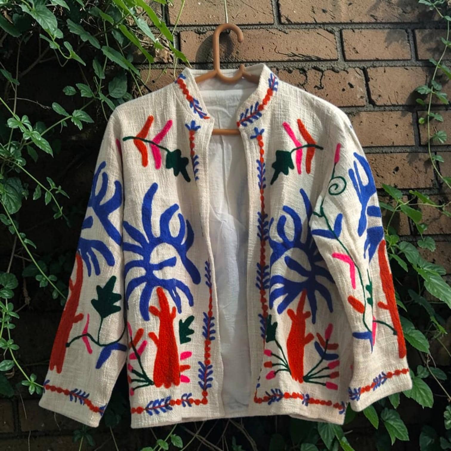 TNT cotton Suzani Leaves hand embroidered Jacket Free Size White