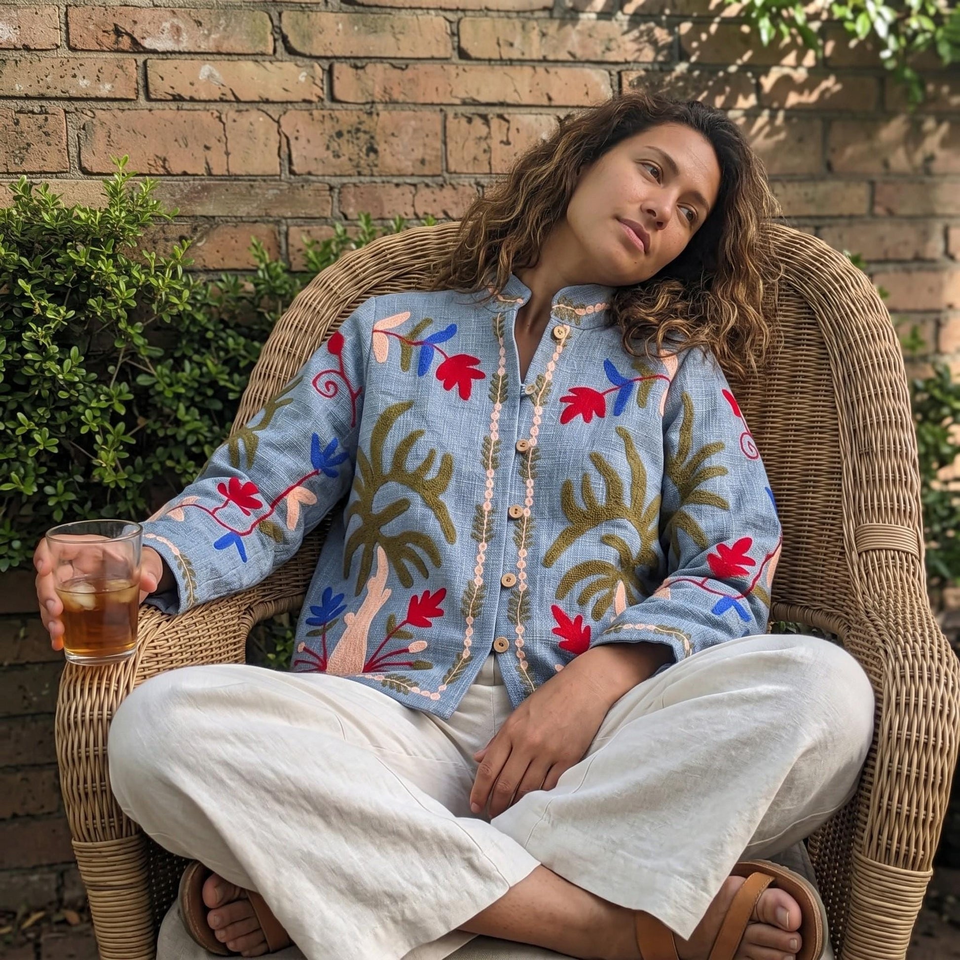 TNT cotton Suzani Leaves hand embroidered Jacket Free Size Denim Blue Looks