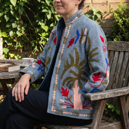TNT cotton Suzani Leaves hand embroidered Jacket Free Size Denim Blue Looks