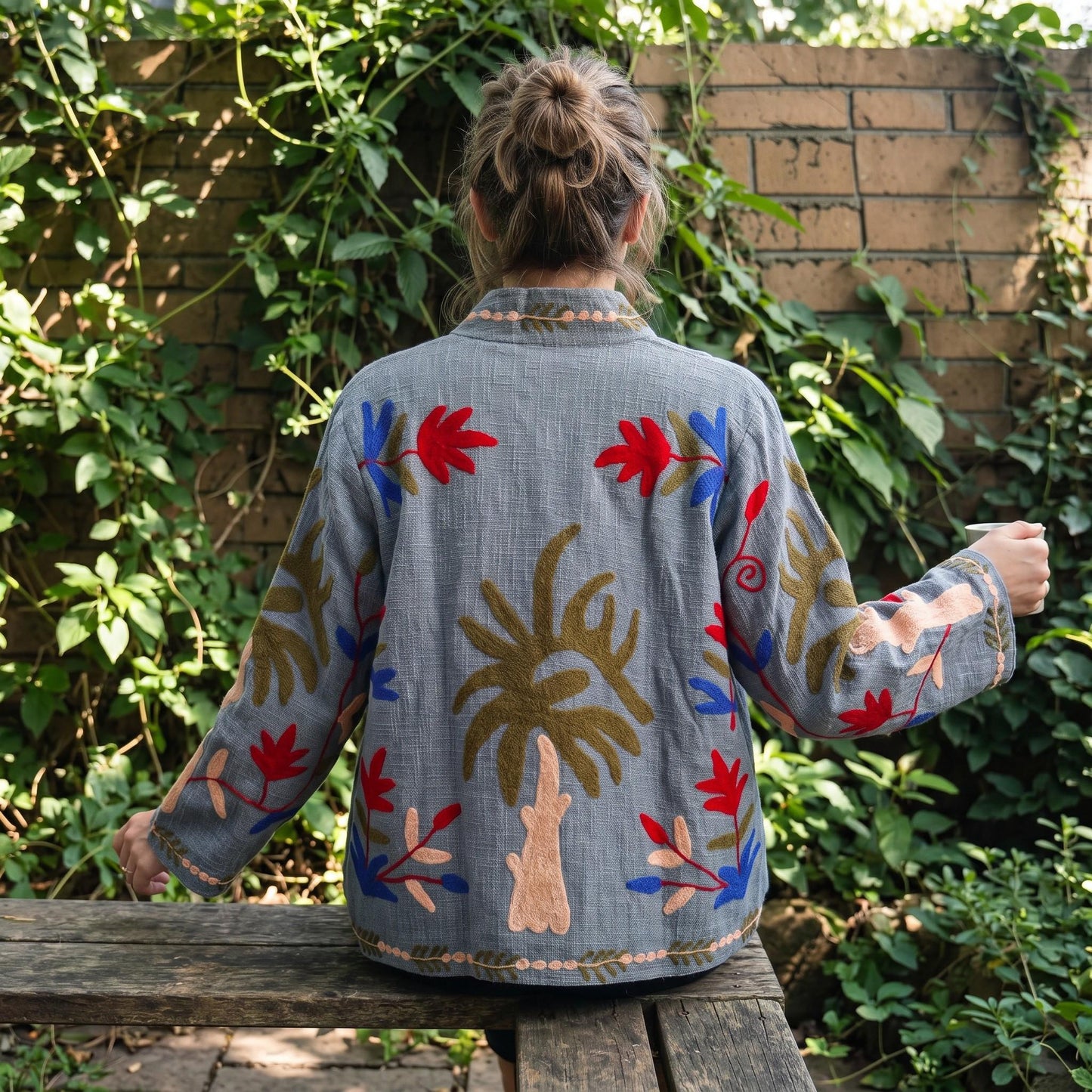 TNT cotton Suzani Leaves hand embroidered Jacket Free Size Denim Blue Looks