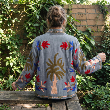 TNT cotton Suzani Leaves hand embroidered Jacket Free Size Denim Blue Looks