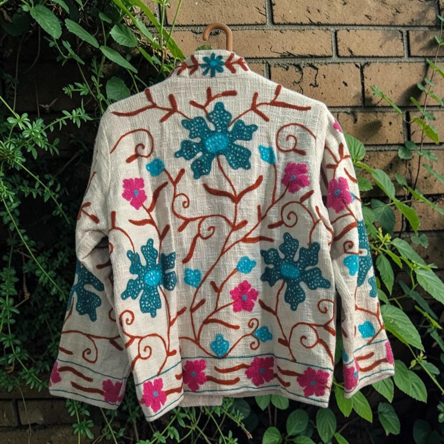 TNT cotton Suzani Big Flowers hand embroidered Jacket Free Size White