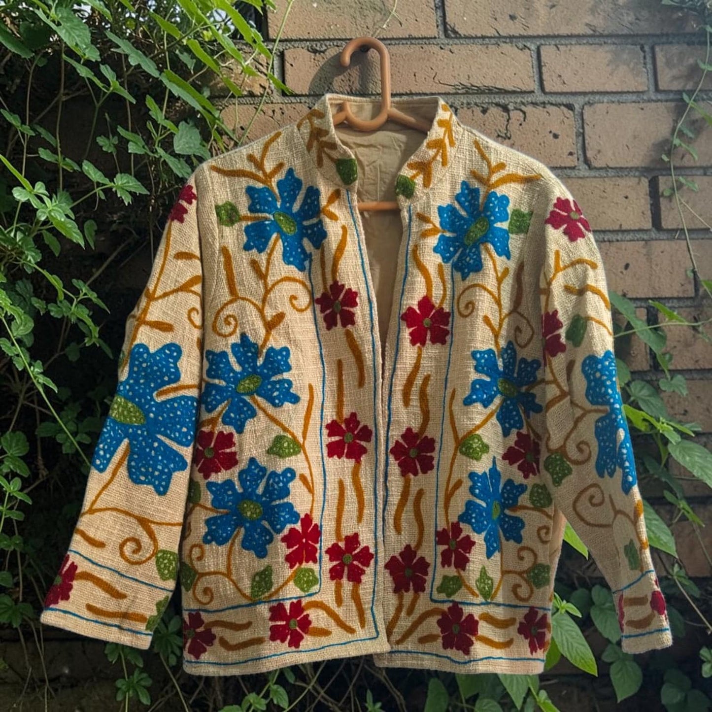 TNT cotton Suzani Big Flowers hand embroidered Jacket Free Size Beige