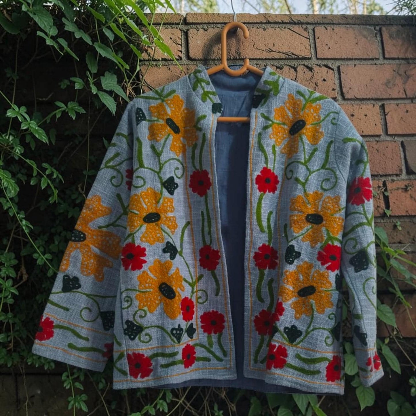 TNT cotton Suzani Big Flowers hand embroidered Jacket Free Size Blue