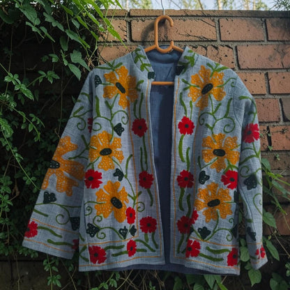 TNT cotton Suzani Big Flowers hand embroidered Jacket Free Size Blue