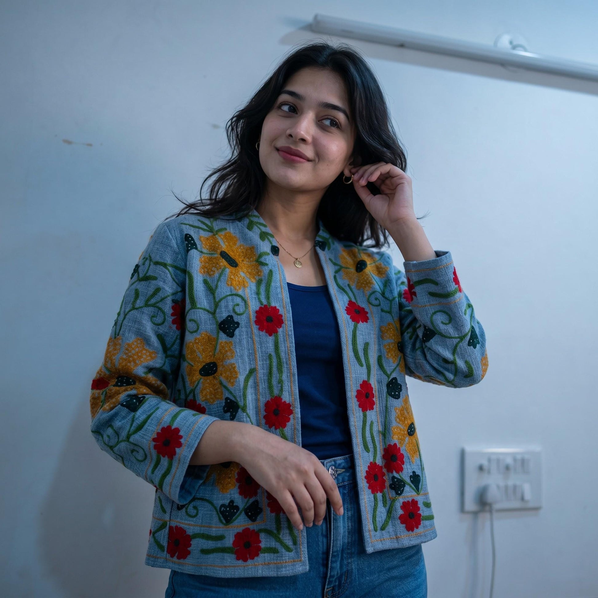 TNT cotton Suzani Big Flowers hand embroidered Jacket Free Size Blue