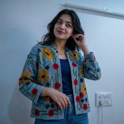 TNT cotton Suzani Big Flowers hand embroidered Jacket Free Size Blue