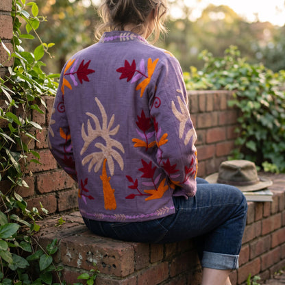TNT cotton Suzani Leaves hand embroidered Jacket Free Size Purple